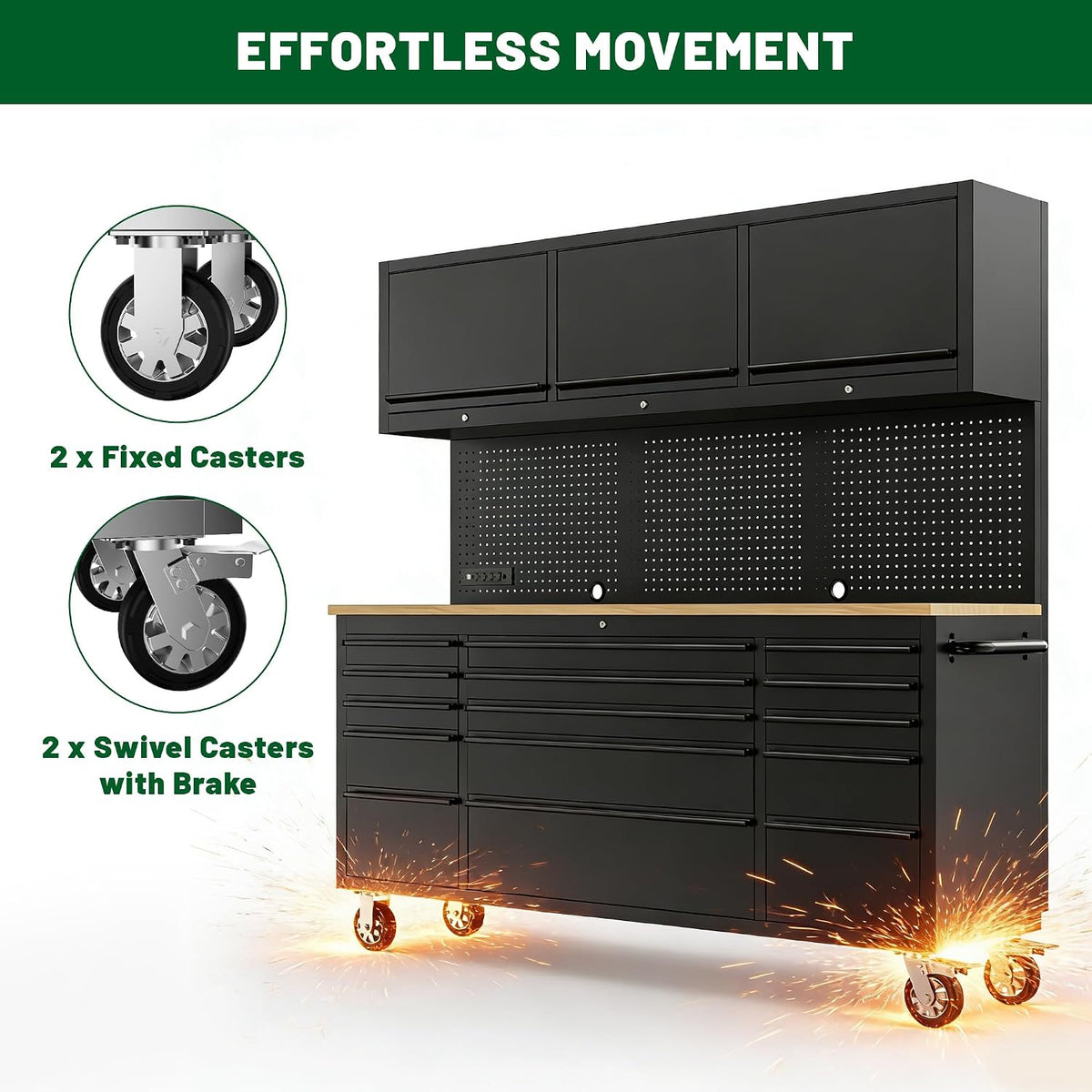 72-Inch Heavy Duty Tool Chest & Rolling Workbench with 15 Drawers,3 Upper Cabinet,Pegboard & Power Strip, for Garage, Shop, Workshop Use,Black