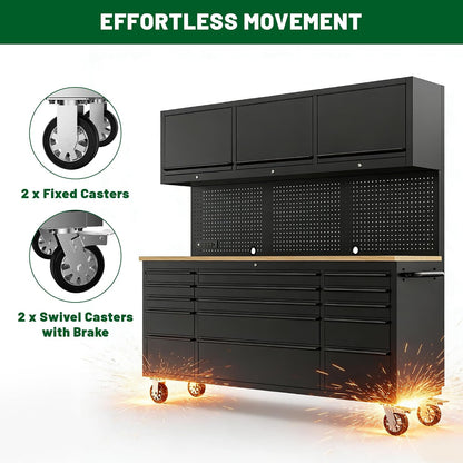72-Inch Heavy Duty Tool Chest & Rolling Workbench with 15 Drawers,3 Upper Cabinet,Pegboard & Power Strip, for Garage, Shop, Workshop Use,Black