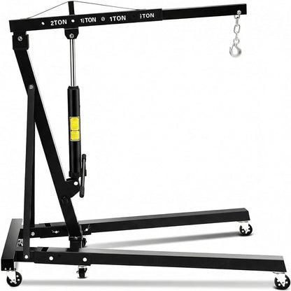 2-Ton Folding Hydraulic Engine Hoist, 4400 LBS Portable Engine Shop Crane with 6 Casters & Telescopic Boom, Foldable Cherry Picker Hoist Lift for Garage, Workshop, Warehouse, Heavy-Duty, Black