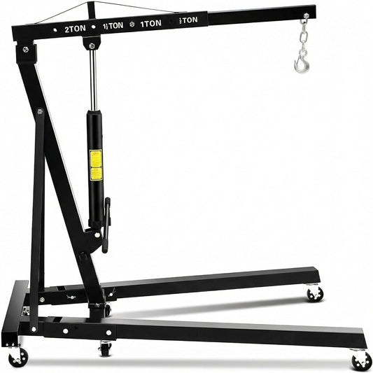 2-Ton Folding Hydraulic Engine Hoist, 4400 LBS Portable Engine Shop Crane with 6 Casters & Telescopic Boom, Foldable Cherry Picker Hoist Lift for Garage, Workshop, Warehouse, Heavy-Duty, Black