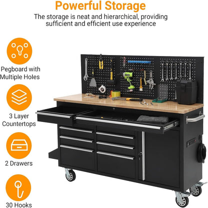 61" Rolling Tool Chest Workbench with 10-Drawers & Solid Rubber Wood Top, Mobile Heavy Duty Tool Storage Cabinet with Lock, Casters, Drawer Liner & 1675 LBS Load Capacity, Includes Power Strip