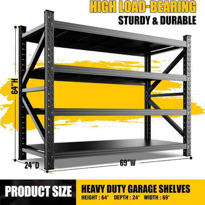8000LBS Heavy Duty Storage Shelves, 4 Tier Adjustable Garage Shelving Unit, Heavy Duty Metal Shelving for Garage, Basement, Warehouse, Storage Room, Garage Storage Shelves, 69" W X 24" D X 64" H Black