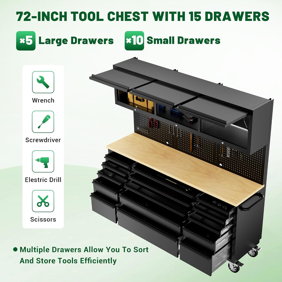 72-Inch Heavy Duty Tool Chest & Rolling Workbench with 15 Drawers,3 Upper Cabinet,Pegboard & Power Strip, for Garage, Shop, Workshop Use,Black