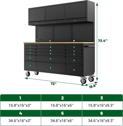 72-Inch Heavy Duty Tool Chest & Rolling Workbench with 15 Drawers,3 Upper Cabinet,Pegboard & Power Strip, for Garage, Shop, Workshop Use,Black