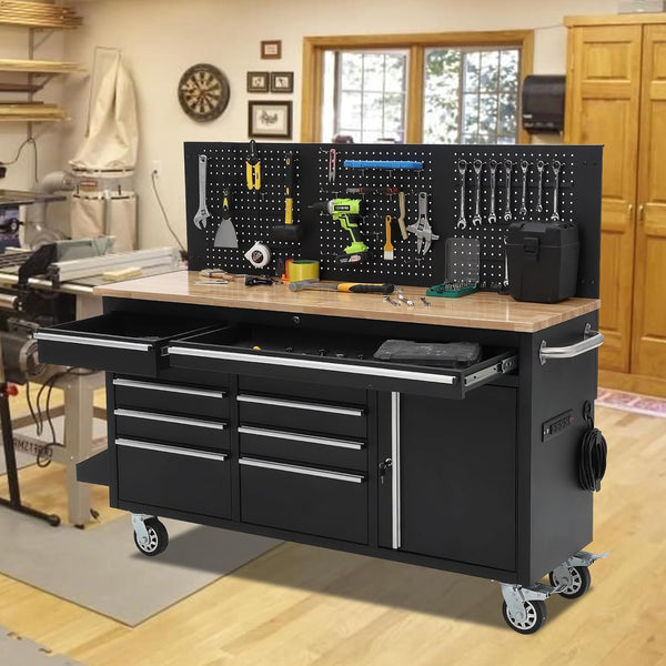 61" Rolling Tool Chest Workbench with 10-Drawers & Solid Rubber Wood Top, Mobile Heavy Duty Tool Storage Cabinet with Lock, Casters, Drawer Liner & 1675 LBS Load Capacity, Includes Power Strip