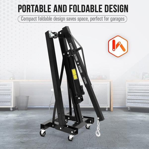 2-Ton Folding Hydraulic Engine Hoist, 4400 LBS Portable Engine Shop Crane with 6 Casters & Telescopic Boom, Foldable Cherry Picker Hoist Lift for Garage, Workshop, Warehouse, Heavy-Duty, Black