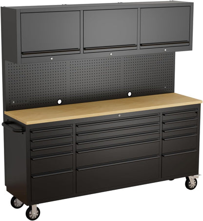 72-Inch Heavy Duty Tool Chest & Rolling Workbench with 15 Drawers,3 Upper Cabinet,Pegboard & Power Strip, for Garage, Shop, Workshop Use,Black