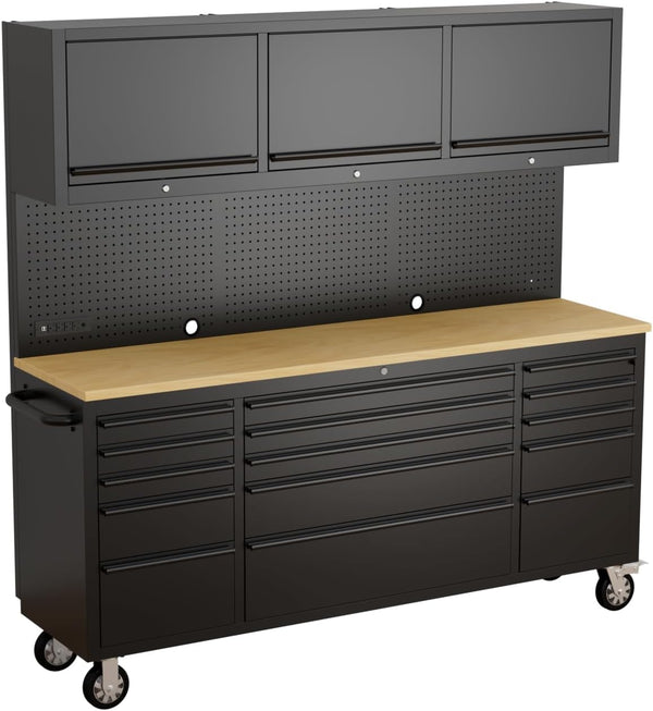 72-Inch Heavy Duty Tool Chest & Rolling Workbench with 15 Drawers,3 Upper Cabinet,Pegboard & Power Strip, for Garage, Shop, Workshop Use,Black