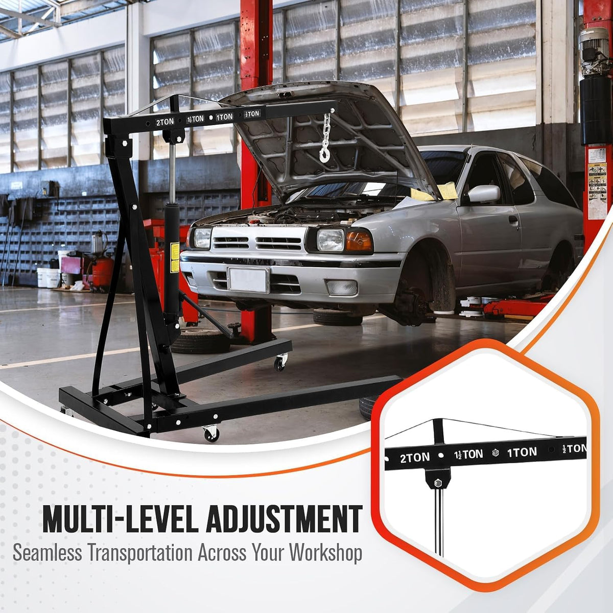 2-Ton Folding Hydraulic Engine Hoist, 4400 LBS Portable Engine Shop Crane with 6 Casters & Telescopic Boom, Foldable Cherry Picker Hoist Lift for Garage, Workshop, Warehouse, Heavy-Duty, Black