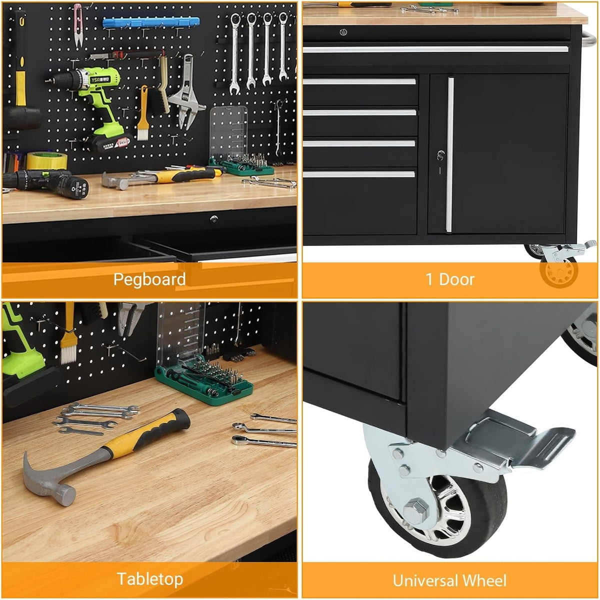 61" Rolling Tool Chest Workbench with 10-Drawers & Solid Rubber Wood Top, Mobile Heavy Duty Tool Storage Cabinet with Lock, Casters, Drawer Liner & 1675 LBS Load Capacity, Includes Power Strip
