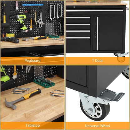 61" Rolling Tool Chest Workbench with 10-Drawers & Solid Rubber Wood Top, Mobile Heavy Duty Tool Storage Cabinet with Lock, Casters, Drawer Liner & 1675 LBS Load Capacity, Includes Power Strip