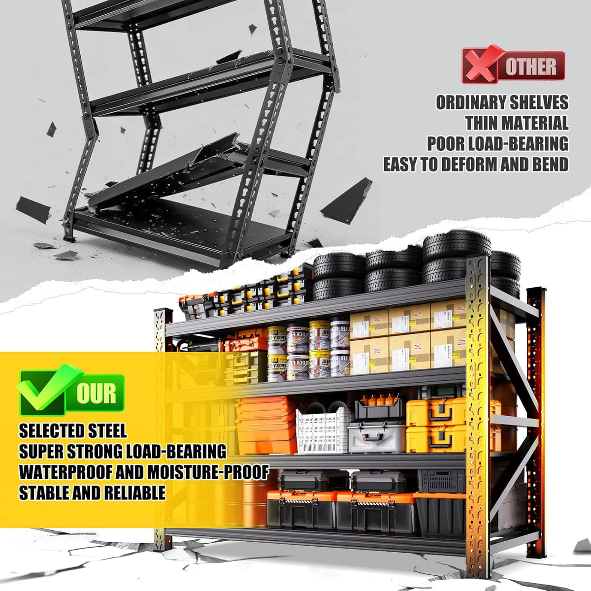 8000LBS Heavy Duty Storage Shelves, 4 Tier Adjustable Garage Shelving Unit, Heavy Duty Metal Shelving for Garage, Basement, Warehouse, Storage Room, Garage Storage Shelves, 69" W X 24" D X 64" H Black
