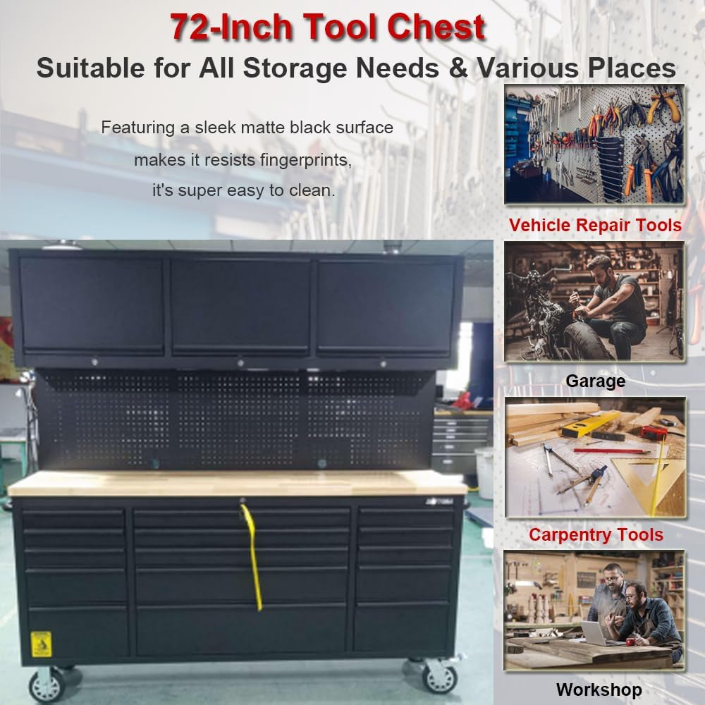 72'' Rolling Tool Chest with 15 Drawers + 3 Upper Cabinets, Large Tool Box, Matte Black Mobile Workbench, Lockable Storage Cabinet with Wheels for Garage Workshop (1 × HTC7218PC)