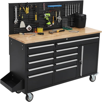 61" Rolling Tool Chest Workbench with 10-Drawers & Solid Rubber Wood Top, Mobile Heavy Duty Tool Storage Cabinet with Lock, Casters, Drawer Liner & 1675 LBS Load Capacity, Includes Power Strip