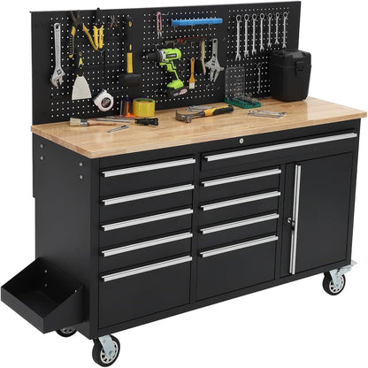 61" Rolling Tool Chest Workbench with 10-Drawers & Solid Rubber Wood Top, Mobile Heavy Duty Tool Storage Cabinet with Lock, Casters, Drawer Liner & 1675 LBS Load Capacity, Includes Power Strip