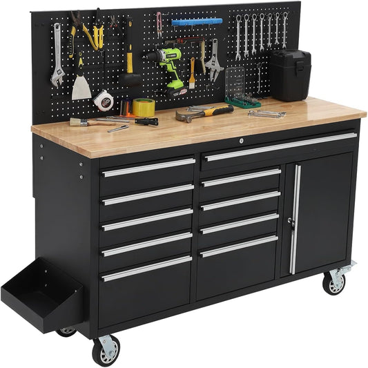 61" Rolling Tool Chest Workbench with 10-Drawers & Solid Rubber Wood Top, Mobile Heavy Duty Tool Storage Cabinet with Lock, Casters, Drawer Liner & 1675 LBS Load Capacity, Includes Power Strip