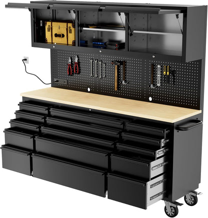 72-Inch Heavy Duty Tool Chest & Rolling Workbench with 15 Drawers,3 Upper Cabinet,Pegboard & Power Strip, for Garage, Shop, Workshop Use,Black