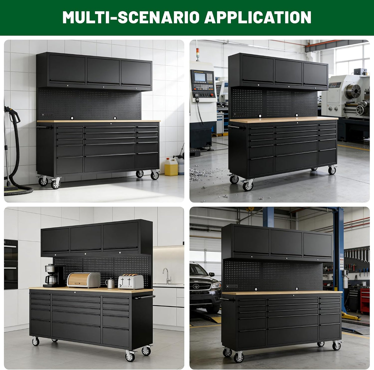 72-Inch Heavy Duty Tool Chest & Rolling Workbench with 15 Drawers,3 Upper Cabinet,Pegboard & Power Strip, for Garage, Shop, Workshop Use,Black