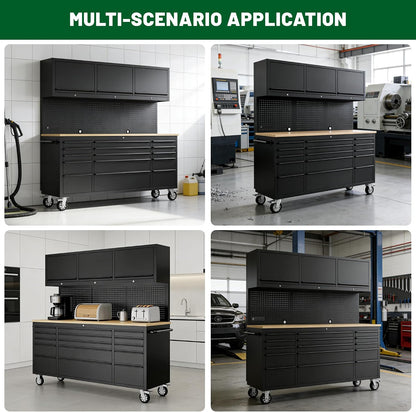 72-Inch Heavy Duty Tool Chest & Rolling Workbench with 15 Drawers,3 Upper Cabinet,Pegboard & Power Strip, for Garage, Shop, Workshop Use,Black