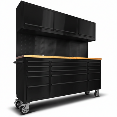 72'' Rolling Tool Chest with 15 Drawers + 3 Upper Cabinets, Large Tool Box, Matte Black Mobile Workbench, Lockable Storage Cabinet with Wheels for Garage Workshop (1 × HTC7218PC)