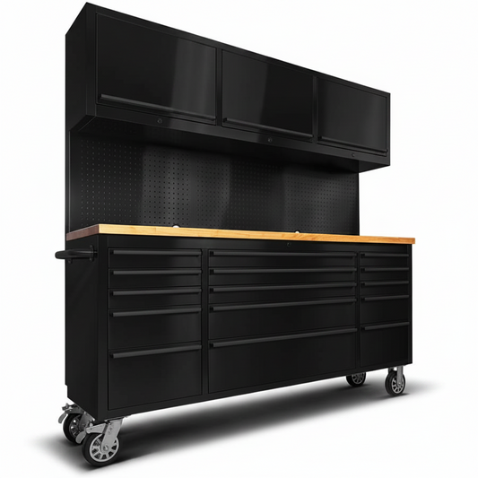72'' Rolling Tool Chest with 15 Drawers + 3 Upper Cabinets, Large Tool Box, Matte Black Mobile Workbench, Lockable Storage Cabinet with Wheels for Garage Workshop (1 × HTC7218PC)