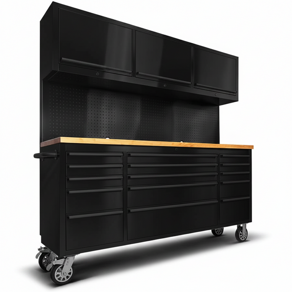72'' Rolling Tool Chest with 15 Drawers + 3 Upper Cabinets, Large Tool Box, Matte Black Mobile Workbench, Lockable Storage Cabinet with Wheels for Garage Workshop (1 × HTC7218PC)